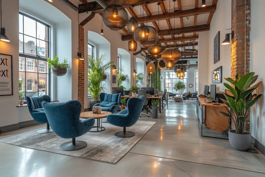 The building interior is furnished with a variety of furniture, including many chairs and tables. Houseplants and flowerpots add a touch of nature to the space