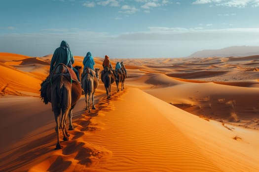 A group of people rides camels through the desert under the vast sky, passing by towering dunes and singing sands, creating a picturesque natural landscape
