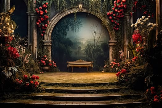 A large archway with flowers and vines leading to a stage. The stage is empty, but the archway and flowers create a sense of anticipation and wonder