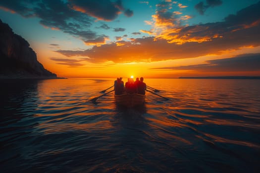 A group of people rows a boat in the ocean at sunset, surrounded by a beautiful natural landscape with a colorful afterglow in the sky