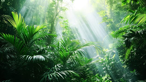 A lush, tropical jungle with a bright sun shining through the trees. The sunlight creates a warm, inviting atmosphere and highlights the vibrant green foliage. The scene is full of life and energy