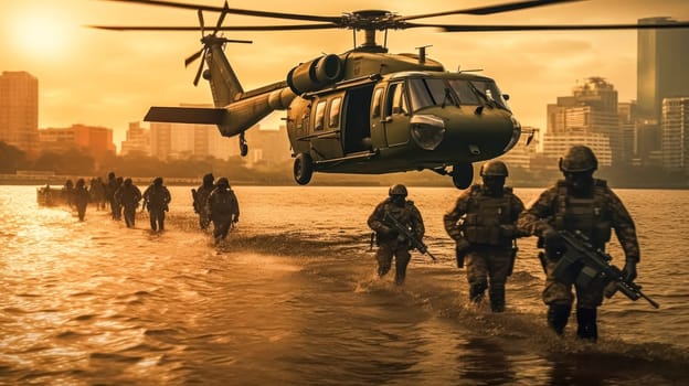 A group of soldiers are crossing a river with a helicopter flying overhead. Scene is tense and serious, as the soldiers are in a dangerous situation