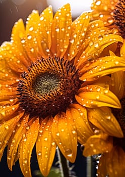 A close up of a yellow flower with water droplets on it. The droplets are scattered all over the flower, giving it a dreamy and ethereal appearance. The flower is the main focus of the image