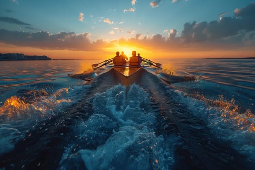 Two people row a boat in the ocean at sunset, surrounded by the stunning natural landscape of the sky, water, and clouds merging on the horizon as dusk falls