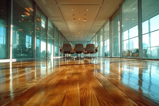 An office building with a long hallway featuring wooden floors, chairs, and symmetrical fixtures. The hardwood flooring complements the interior design