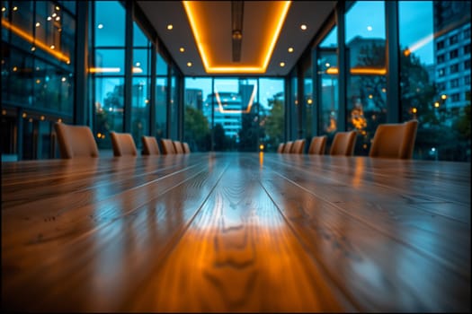 The conference room in the city building features a long wooden table and chairs, with plenty of windows offering a view. The electric blue flooring adds a pop of color to the wood and glass fixtures