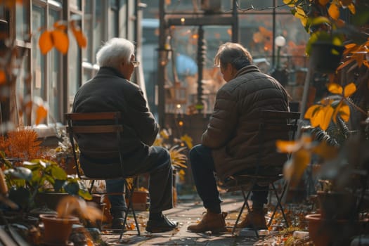 Two elderly gentlemen are having a conversation in a greenhouse, surrounded by lush plants. The artistic facade of the greenhouse blends beautifully with the city street outside