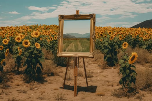 Three sunflowers are in a field, with one of them being the tallest. The sunflowers are all facing the same direction, towards the sky. Concept of warmth and happiness