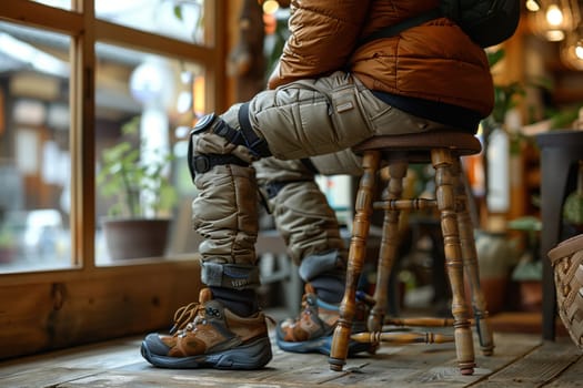 A person is perched on a wooden stool by a window, surrounded by hardwood flooring. Their military camouflage helmet lays on the ground while they admire an art statue in the building