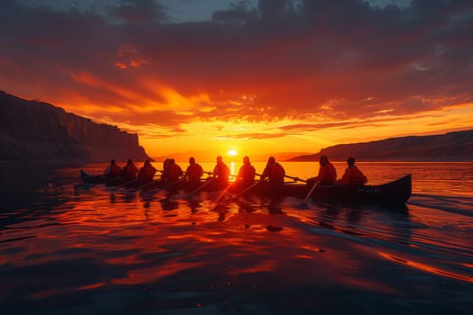 A group of people are rowing a canoe on the water at sunset, with clouds in the sky and the afterglow of dusk creating a beautiful natural landscape