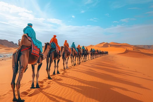 A group of people are traveling through the desert landscape on camels, with the vast sky filled with clouds above them and the horizon stretching out before them