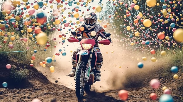 A man is riding a dirt bike through a field of colorful balloons. The scene is lively and fun, with the balloons adding a festive touch to the image