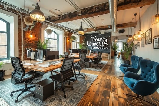 A spacious open office with modern furniture, large windows providing natural lighting, and art on the walls. The interior design features wood chairs and tables, creating a welcoming atmosphere
