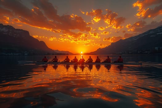 A group of individuals are peacefully rowing a boat on a serene lake as the sun sets, casting a beautiful afterglow over the natural landscape