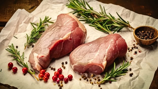 A large piece of meat is displayed on a brown paper with herbs and spices. The meat is cut into a wedge shape, and the herbs and spices are scattered around it. Concept of freshness and naturalness