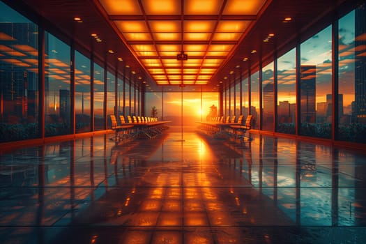 A symmetrical hallway with large rectangular windows showcasing a sunset, casting tints and shades onto the metal ceiling, creating a reflection of the city lights and electricity