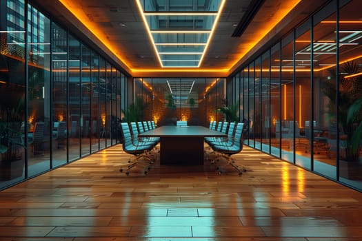 The conference room in the building features a long wooden table with chairs, symmetrical design, natural lighting from windows, and elegant fixtures on the ceiling and floor