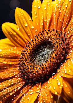 A close up of a yellow flower with water droplets on it. The droplets are scattered all over the flower, giving it a dreamy and ethereal appearance. The flower is the main focus of the image