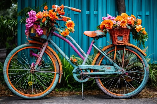 A bicycle with a basket full of flowers on it. The bike is on a blue wall