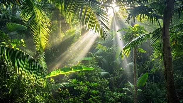 A lush, tropical jungle with a bright sun shining through the trees. The sunlight creates a warm, inviting atmosphere and highlights the vibrant green foliage. The scene is full of life and energy