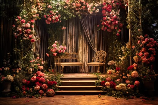 A large archway with flowers and vines leading to a stage. The stage is empty, but the archway and flowers create a sense of anticipation and wonder