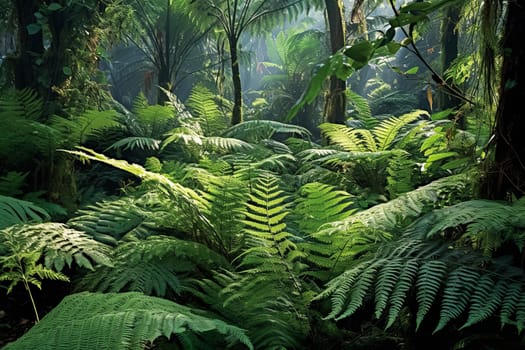 A lush, tropical jungle with a bright sun shining through the trees. The sunlight creates a warm, inviting atmosphere and highlights the vibrant green foliage. The scene is full of life and energy