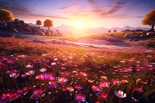 A field of flowers with a single red flower in the middle. The flowers are in full bloom and the sun is shining brightly