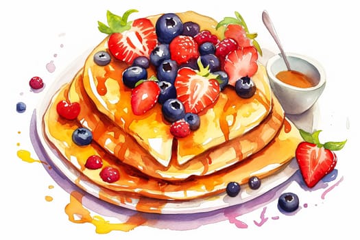 A stack of pancakes with blueberries and strawberries on top. The pancakes are drizzled with syrup and the fruit is fresh and colorful. Concept of indulgence and enjoyment