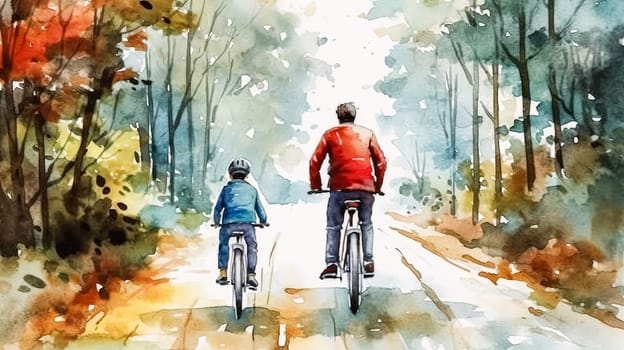 A man is holding a child's hand while riding a bicycle. Concept of warmth and bonding between the two. happy father's day concept
