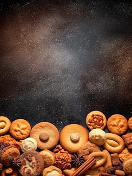 A row of assorted cookies and pastries are displayed on a table. The variety of treats includes donuts, cookies, and other baked goods. Concept of abundance and indulgence