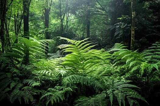 A lush, tropical jungle with a bright sun shining through the trees. The sunlight creates a warm, inviting atmosphere and highlights the vibrant green foliage. The scene is full of life and energy