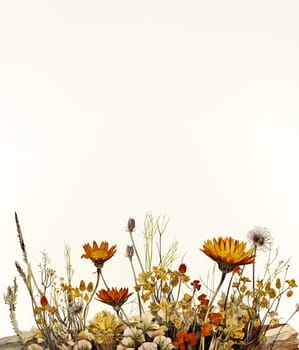 A field of yellow flowers with a white background. The flowers are in full bloom and the grass is tall. Concept of warmth and happiness, as the bright colors of the flowers