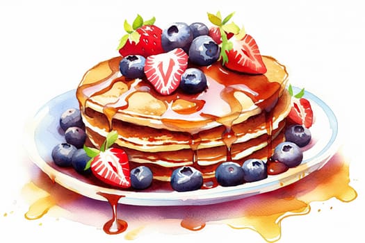 A stack of pancakes with blueberries and strawberries on top. The pancakes are drizzled with syrup and the fruit is fresh and colorful. Concept of indulgence and enjoyment