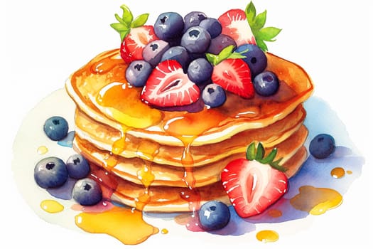 A stack of pancakes with blueberries and strawberries on top. The pancakes are drizzled with syrup and the fruit is fresh and colorful. Concept of indulgence and enjoyment