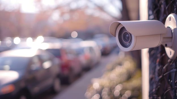 Closeup outdoor CCTV camera at a car parking lot, Security camera in car park.