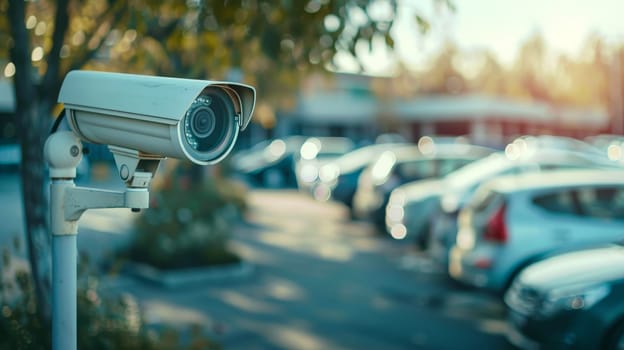 Closeup outdoor CCTV camera at a car parking lot, Security camera in car park.
