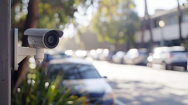 Closeup outdoor CCTV camera at a car parking lot, Security camera in car park.