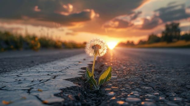 single flower grows through a crack of the asphalt concrete highway road in evening sunlight.