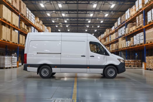 A white van inside a warehouse with shipping boxes.