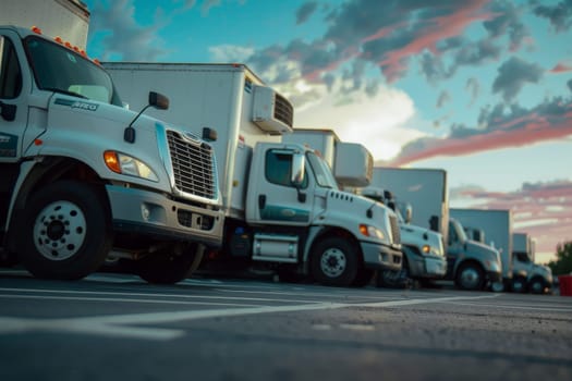 low angle photo of a fleet of box trucks in a car park, New truck fleet transportation.