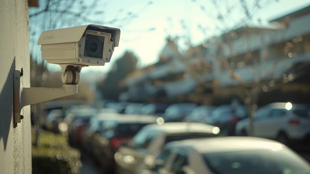 Closeup outdoor CCTV camera at a car parking lot, Security camera in car park.