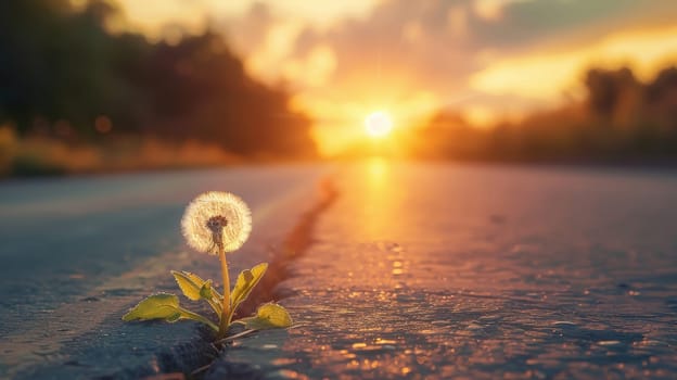 single flower grows through a crack of the asphalt concrete highway road in evening sunlight.