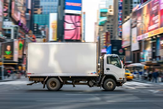 Fast delivery white truck travelling through the city streets.