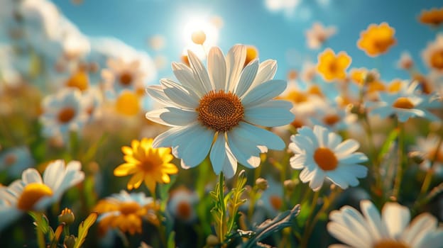 Daisy Meadow, Summer field with white daisies under blue sky.