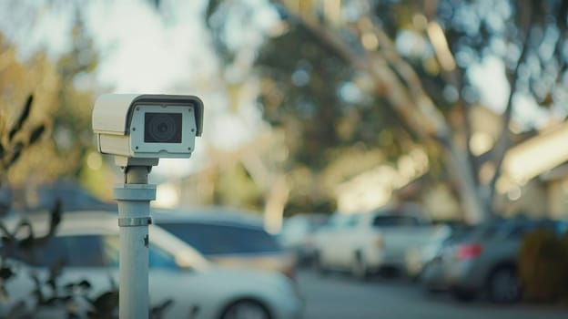 Closeup outdoor CCTV camera at a car parking lot, Security camera in car park.