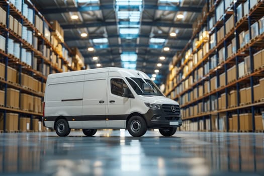 A white van inside a warehouse with shipping boxes.