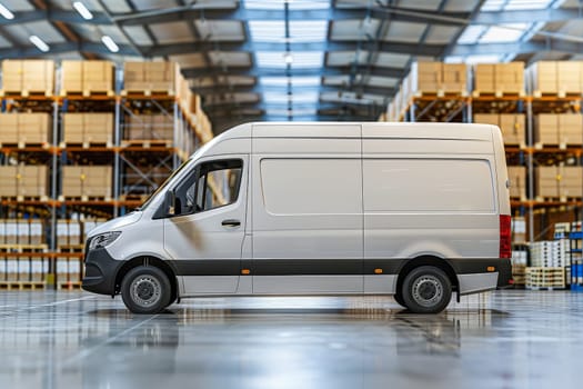 A white van inside a warehouse with shipping boxes.