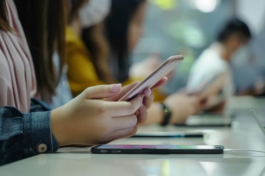 Close up hand of Young Group of People using mobile phone in meeting room.