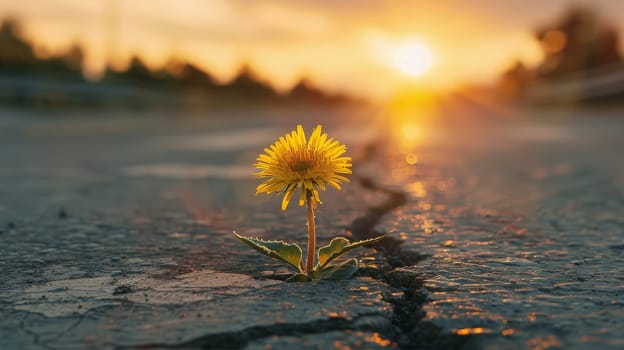 single flower grows through a crack of the asphalt concrete highway road in evening sunlight.