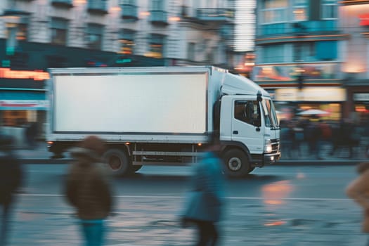 Fast delivery white truck travelling through the city streets.